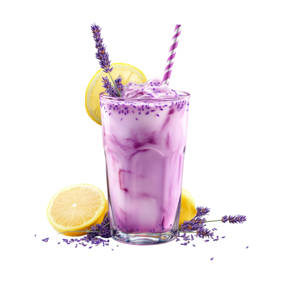 lavender lemonade drink with lemon slices and lavender png