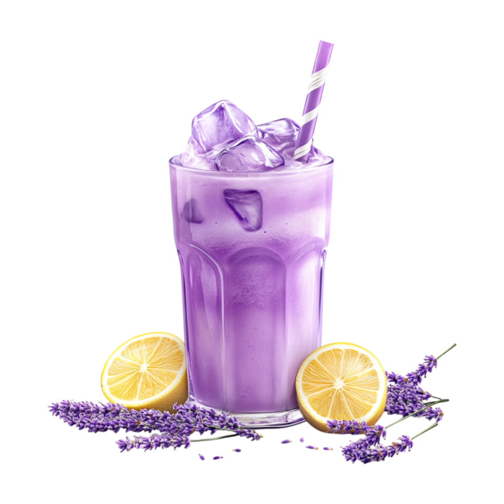 a lavender lemonade drink with ice and lemon slices on transparent background png