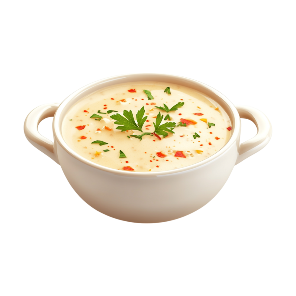 a bowl of soup with parsley on a transparent background png