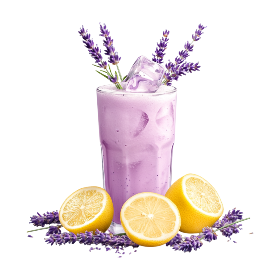 lavender lemonade drink with ice and lemon slices on transparent background png