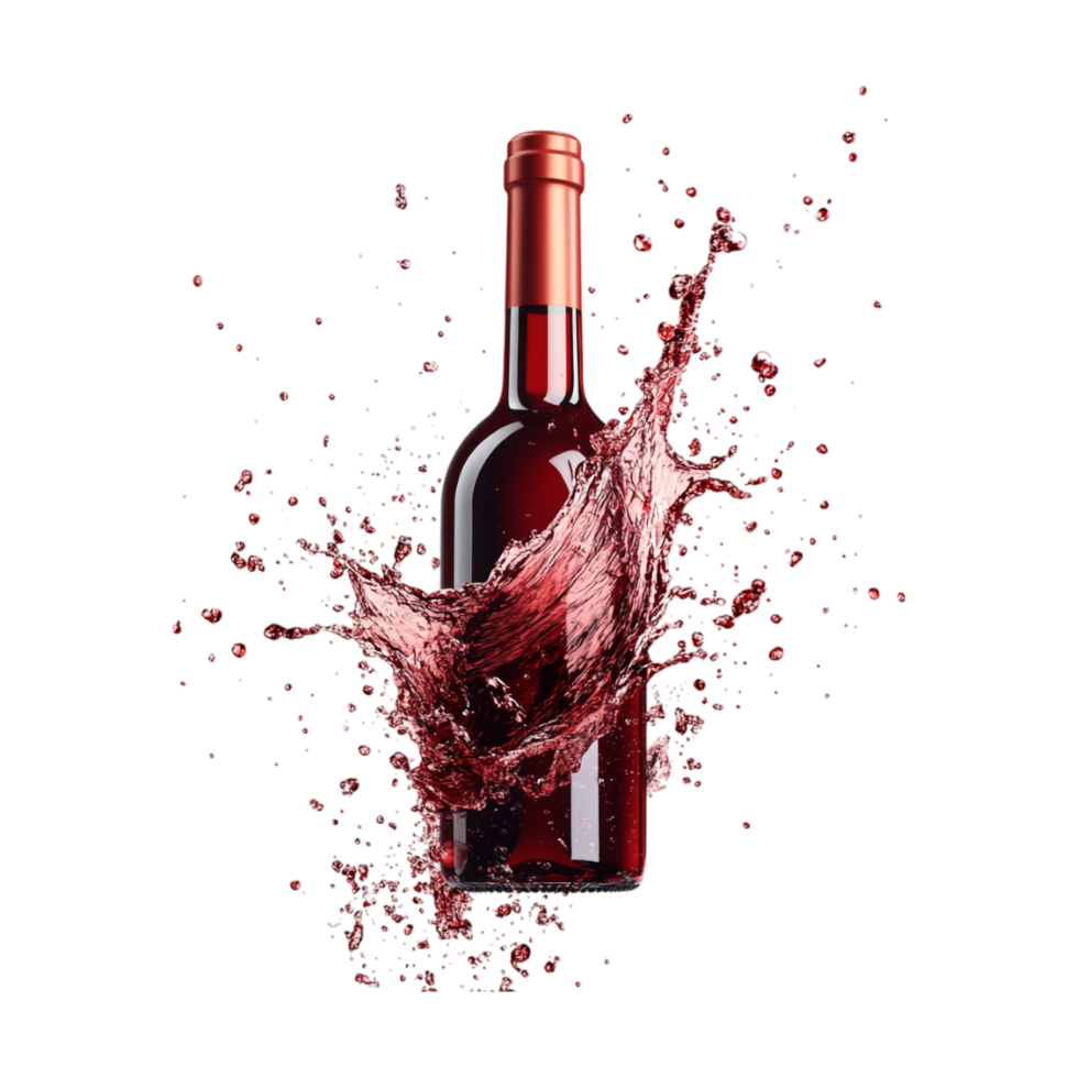red wine bottle with splash on transparent background png