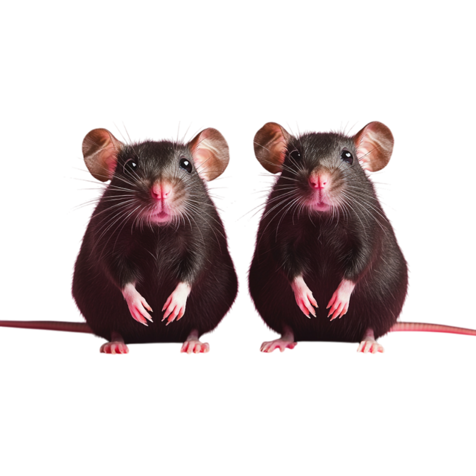 two black mice standing in front of a transparent background png