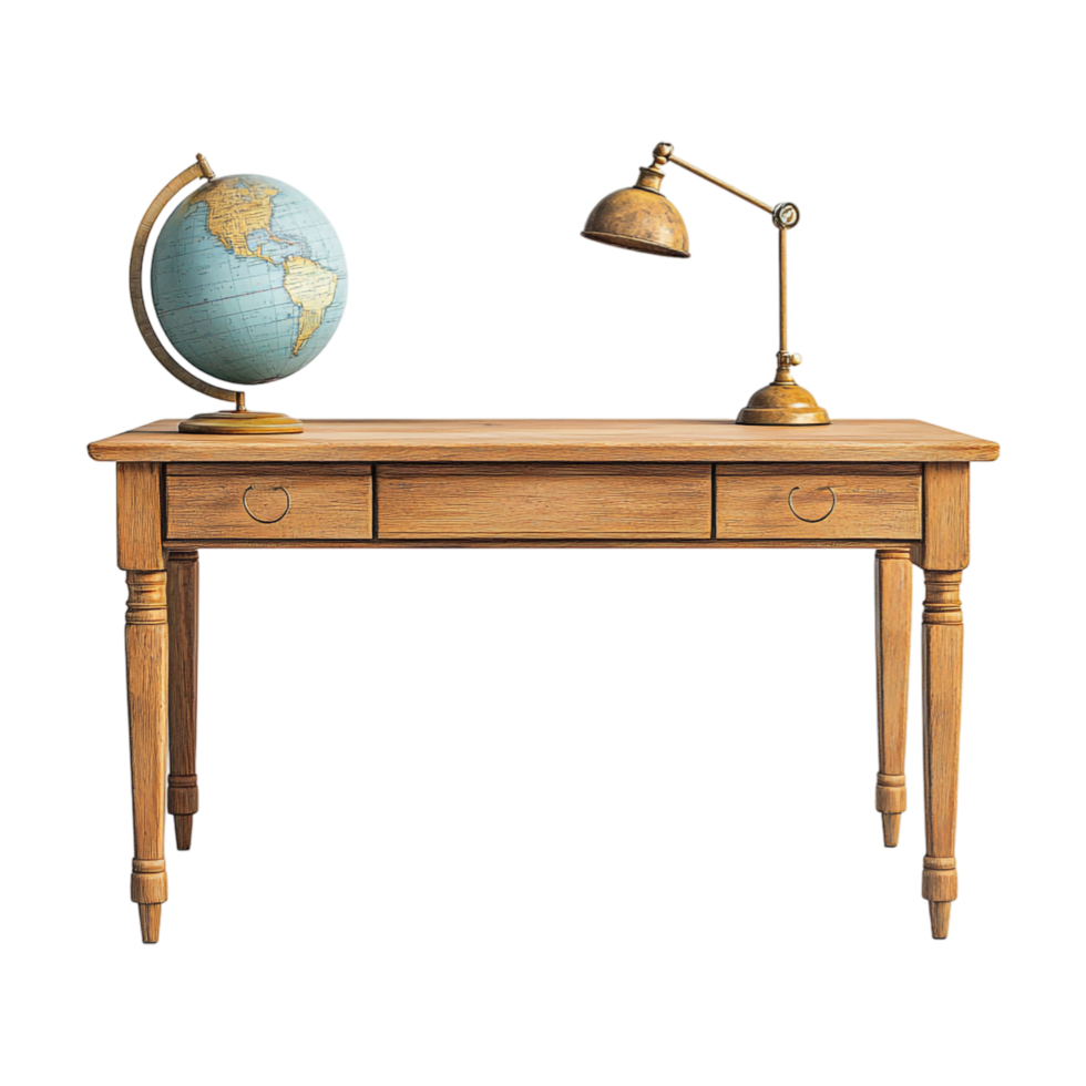 a desk with a globe and lamp on it png