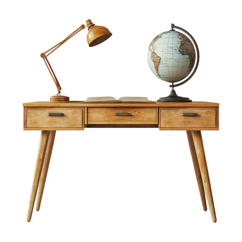 retro desk with globe and lamp on transparent background png