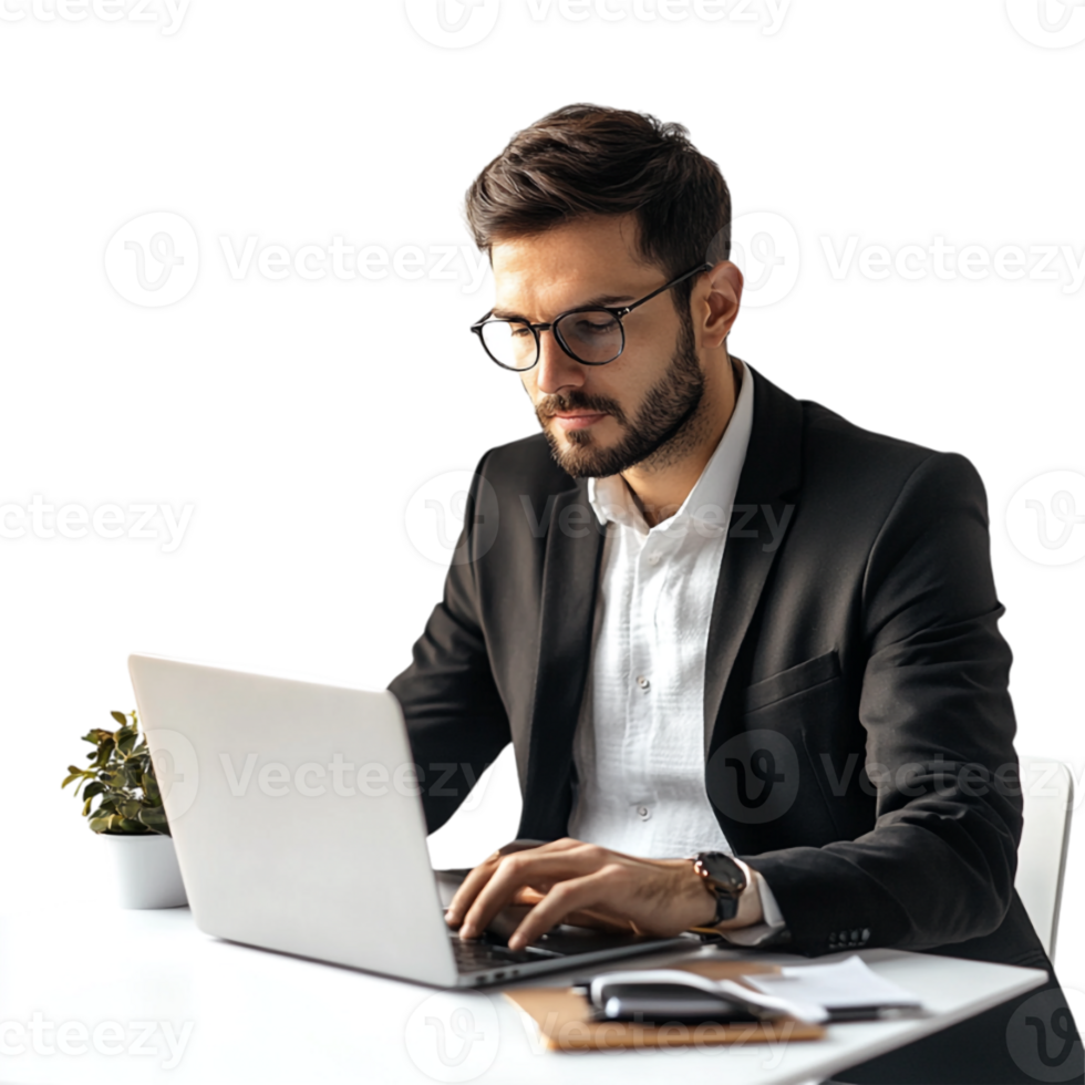 a man in a suit and glasses is working on his laptop png