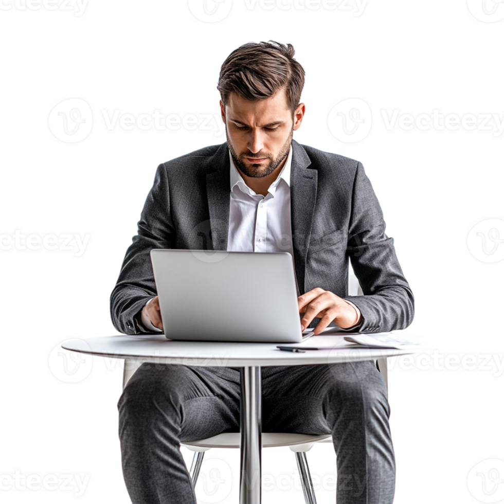 businessman sitting at table with laptop on transparent background png