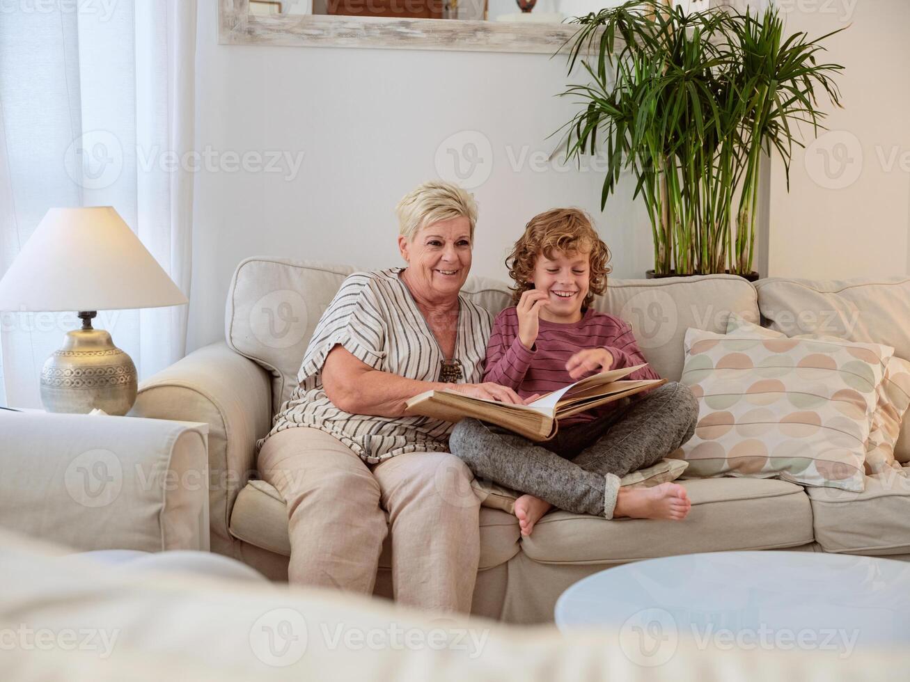 Senior woman with photo album and boy sitting in living room