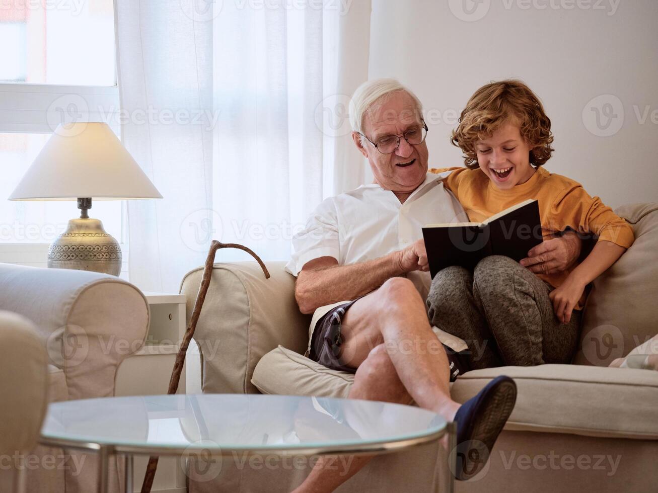 Smiling grandfather with grandson reading book photo