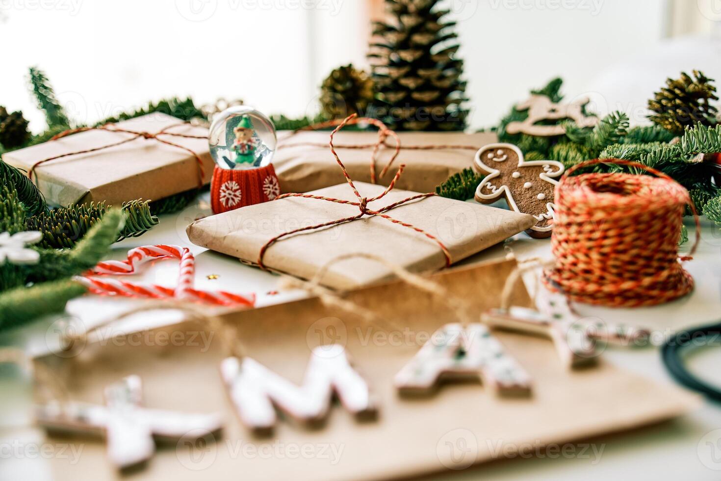 Christmas gift boxes on table photo