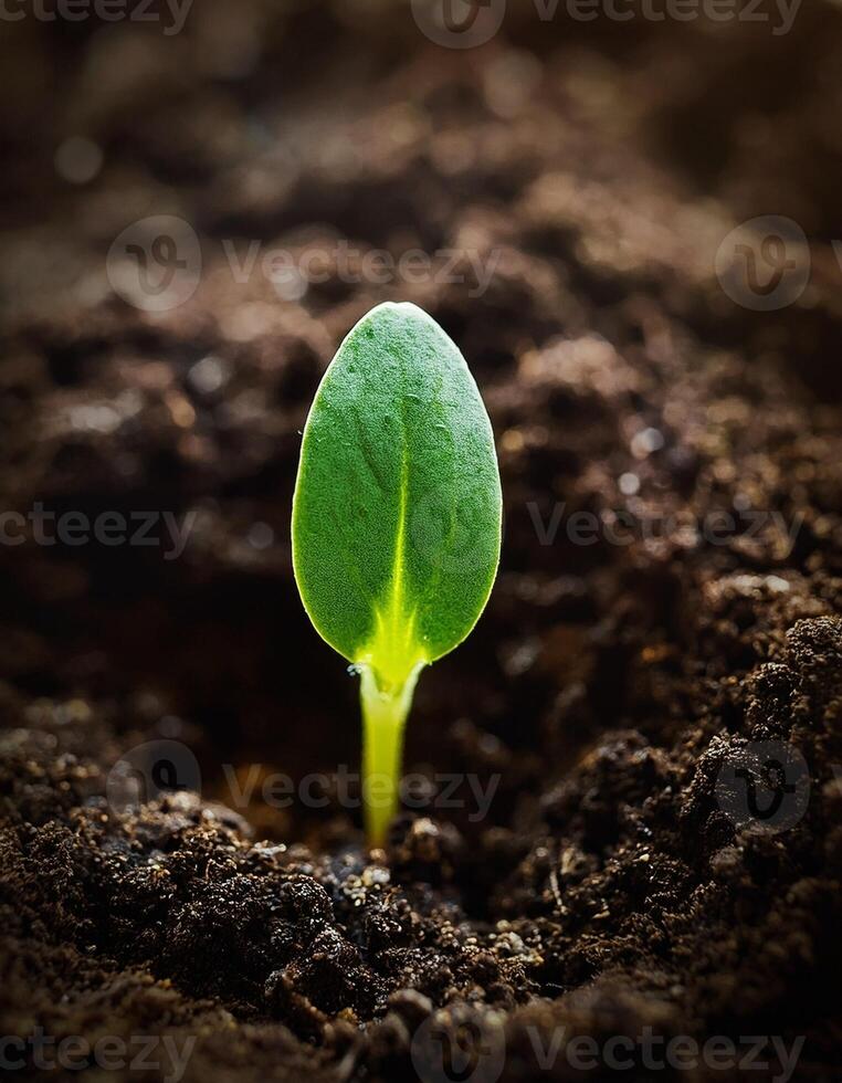 New Seedling Breaks Through Soil Surface in Garden During Springtime Growth photo