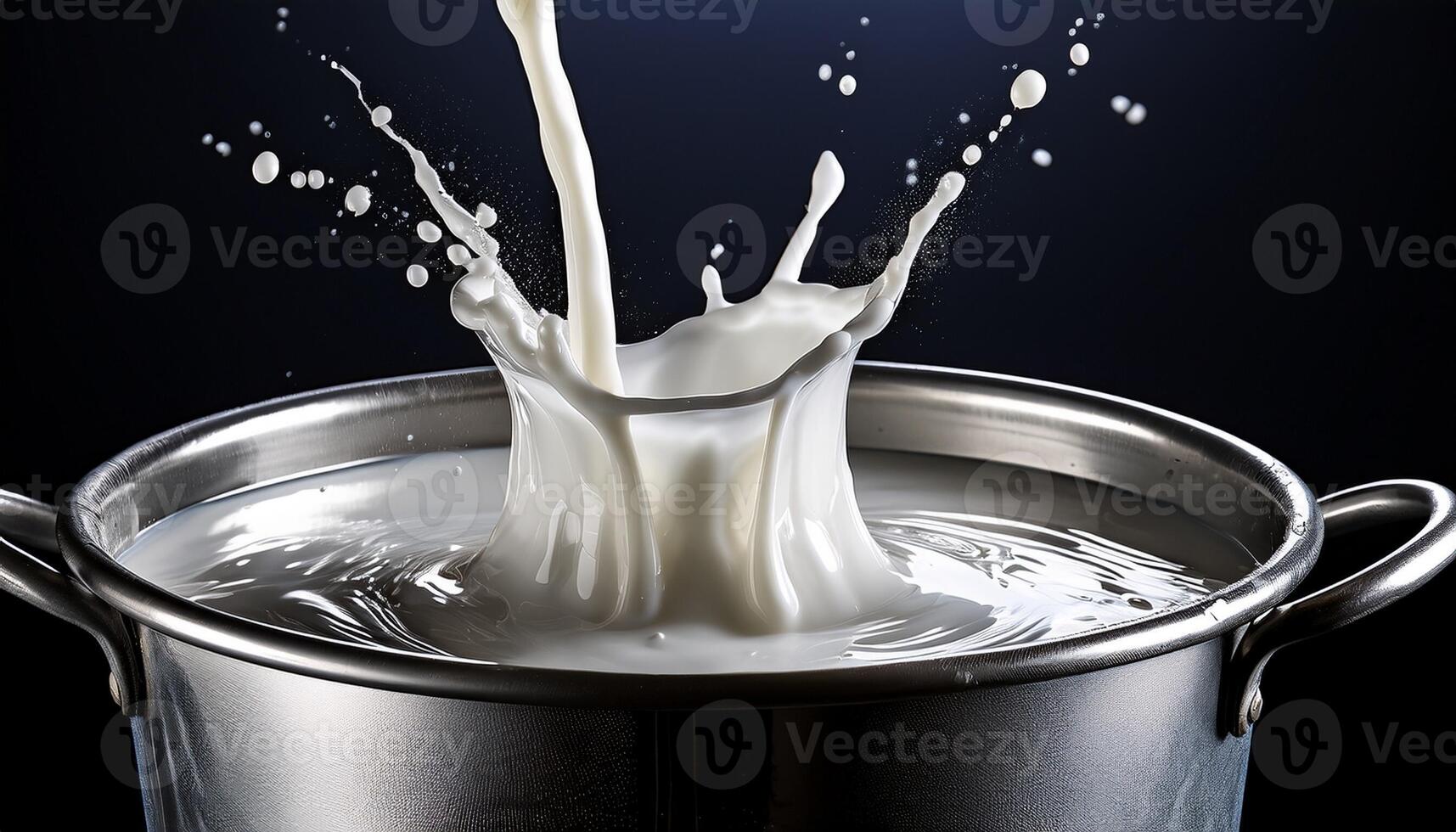 Liquid Splashes as Milk Falls Into a Metal Pot Creating Ripples and Droplets in a Dark Setting photo