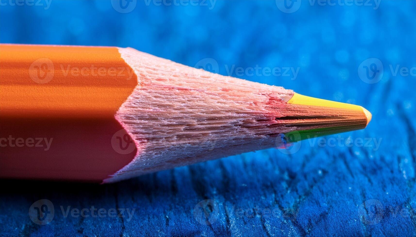 Close-up of a Sharpened Colored Pencil Resting on a Textured Blue Surface Highlighting Its Vibrant Hues photo