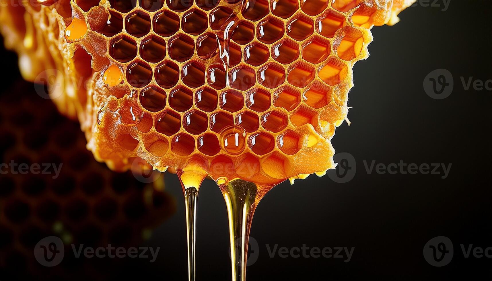 Honeycomb Dripping With Golden Honey Against a Dark Background Showcasing the Natural Sweetness and Texture of Honey photo