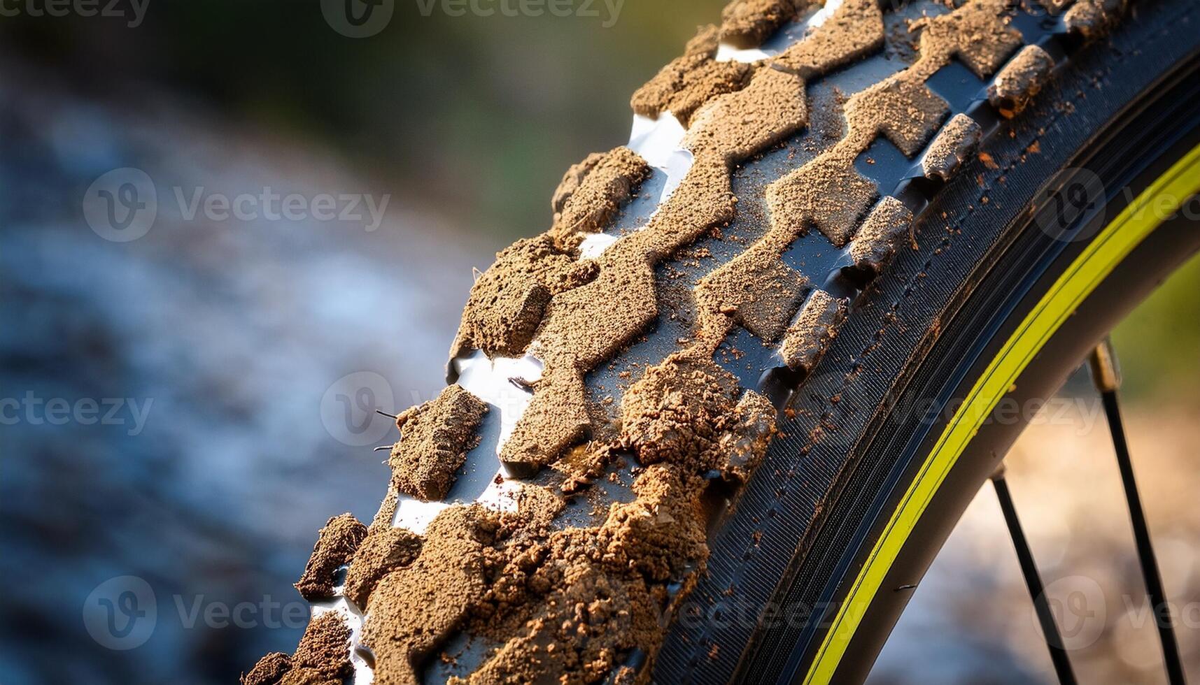 Mountain Bike Tire Covered in Mud From a Recent Trail Ride During Early Morning Light photo