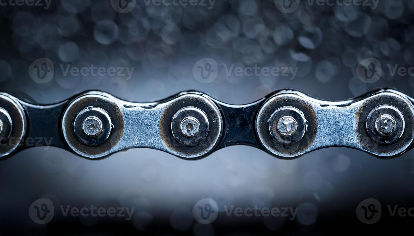 Close-up of a Bicycle Chain Glistening With Moisture in a Well-Lit Workshop During Evening Hours photo