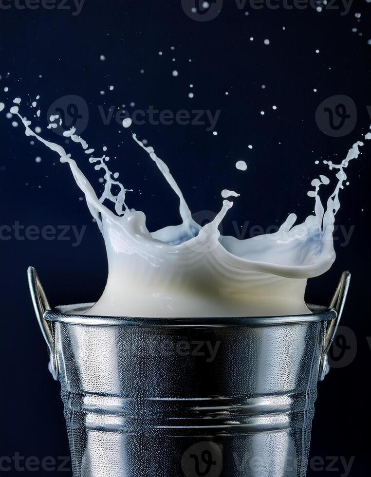 Milk Splashing From a Metal Bucket Against a Dark Background Showcases Motion and Liquid Dynamics During a Creative Photography Session photo