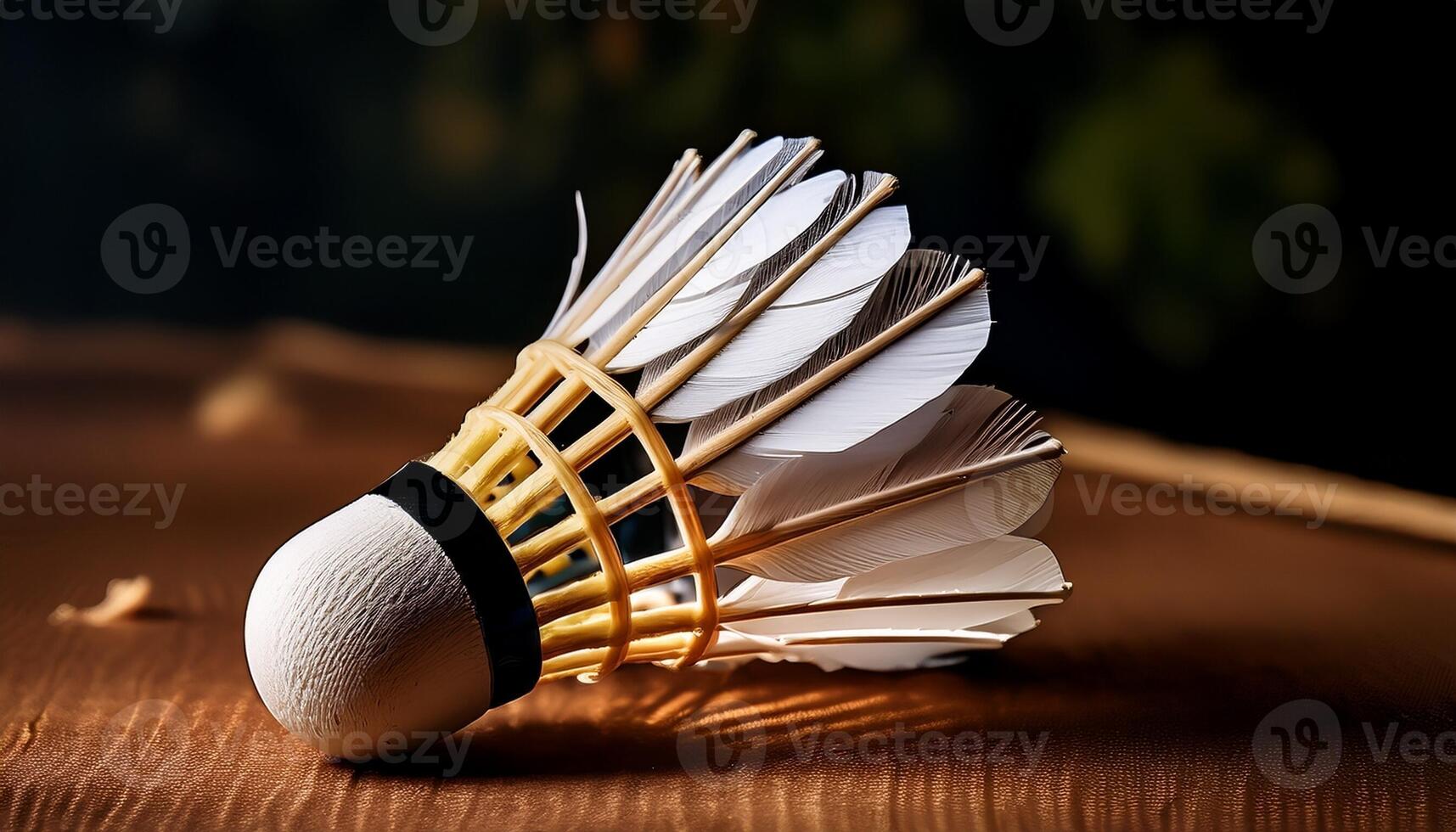 Elegant Shuttlecock Resting on Wooden Surface Showcasing Its Detailed Craftsmanship and Design photo