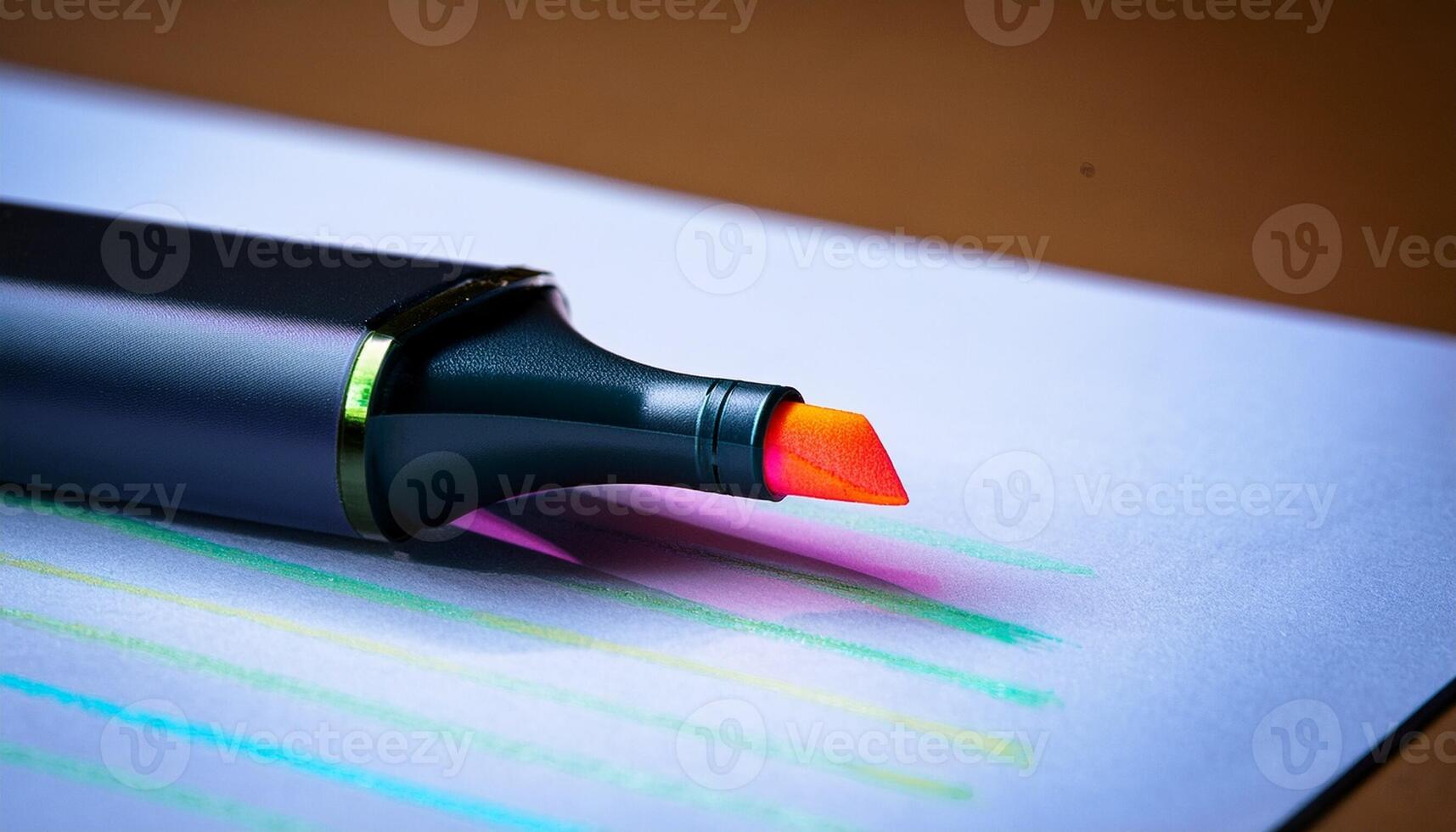 Vibrant Orange Highlighter Rests on Lined Paper With Colorful Marks and Shadows in a Well-Lit Workspace photo