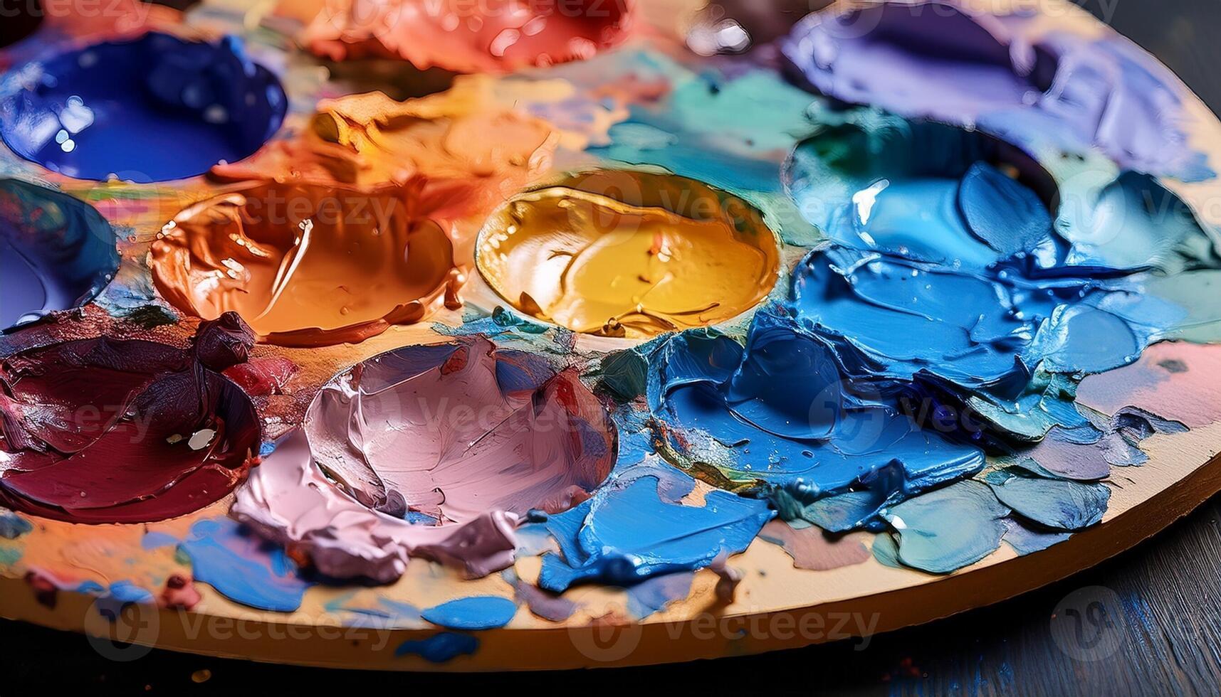 Colorful Paint Palette Showcasing Various Vibrant Hues Used for Artistic Creation photo