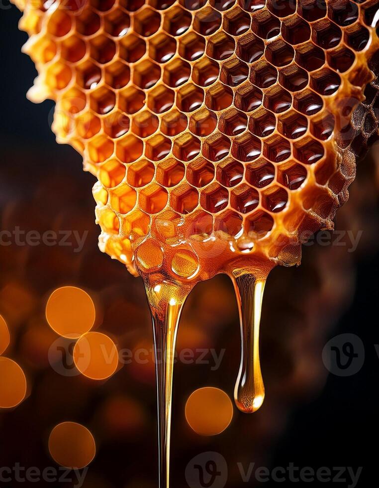Golden Honey Dripping From the Honeycomb With a Soft Focus Background Creating a Warm Ambiance photo