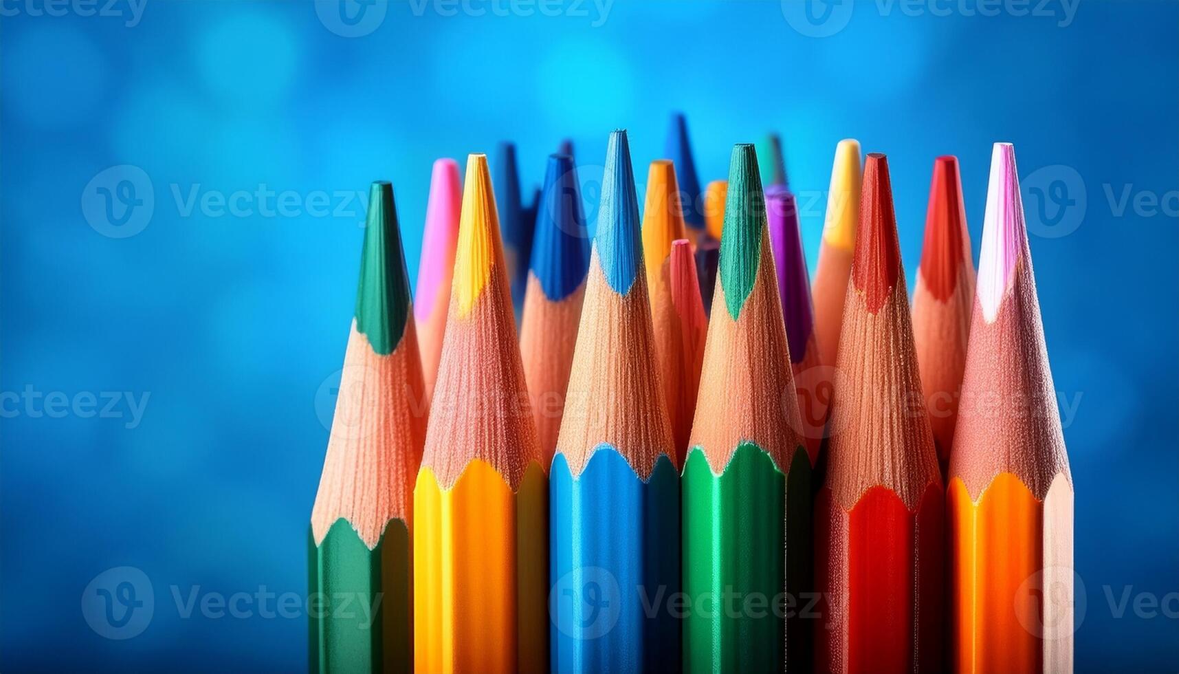 Colorful Pencils Arranged Closely Against a Blurred Blue Background in an Artistic Setup photo