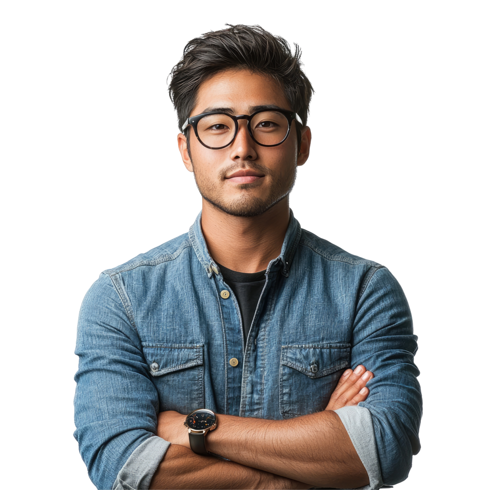 Casual Young Man in Denim Jacket and Glasses Isolated on Transparent Background png