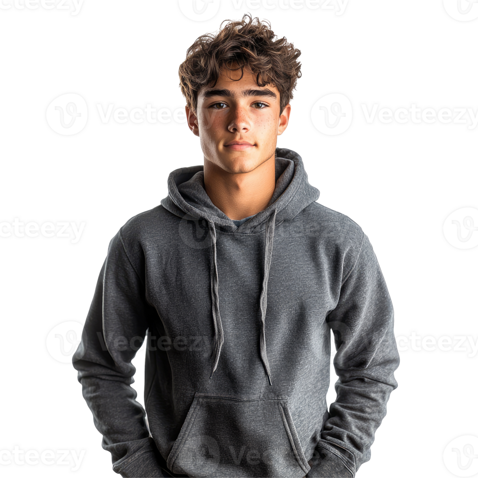 A young man wearing a gray hoodie Isolated on transparent background png