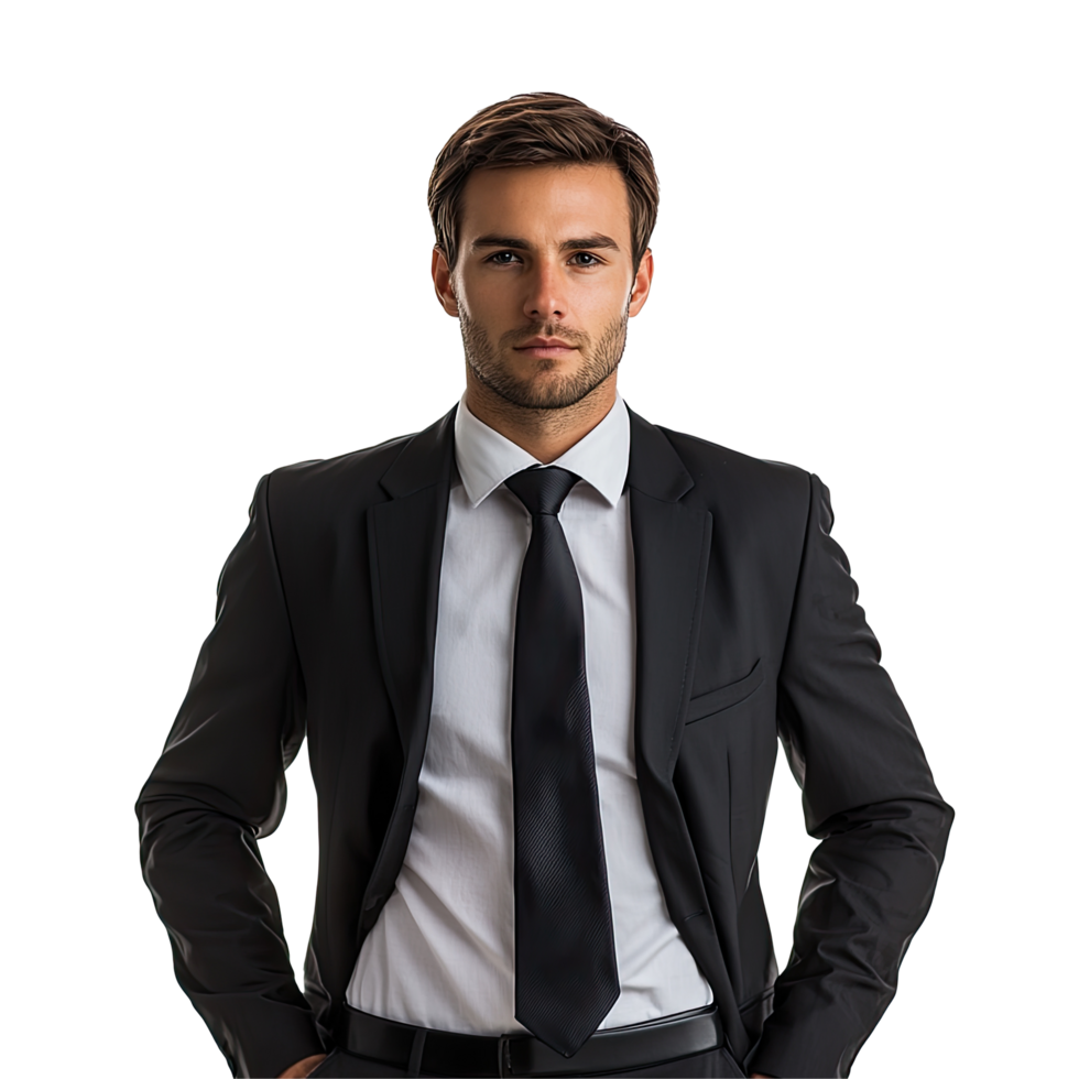 Elegant businessman in dark gray suit with a serious expression, isolated on transparent background png