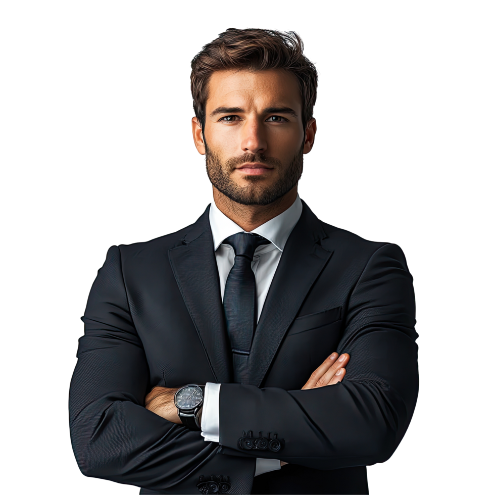 Businessman in black suit with arms crossed isolated on transparent background png