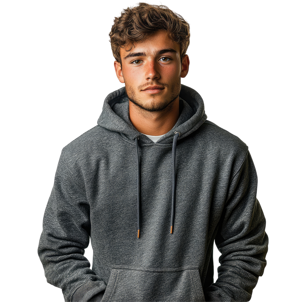 Casual young man in dark gray hoodie looking confident isolated on transparent background png