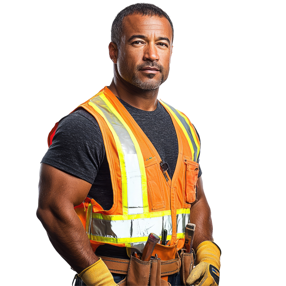 Man in a safety vest stands in front of a white background. Isolated on transparent background png