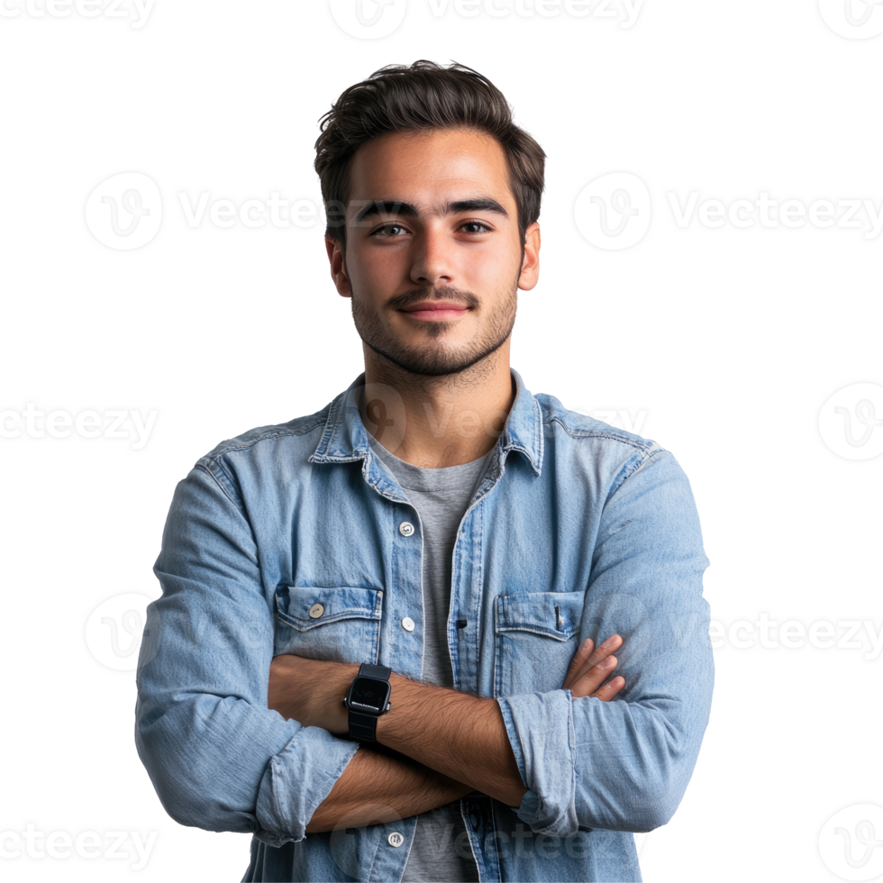 Confident Man in Denim Shirt with Arms Crossed, isolated on transparent background png