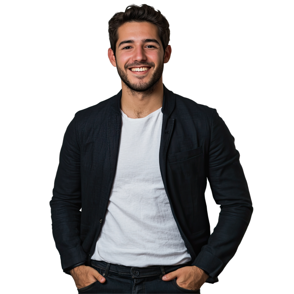 Happy Man in Black Jacket with Hands in Pockets, isolated on transparent background png