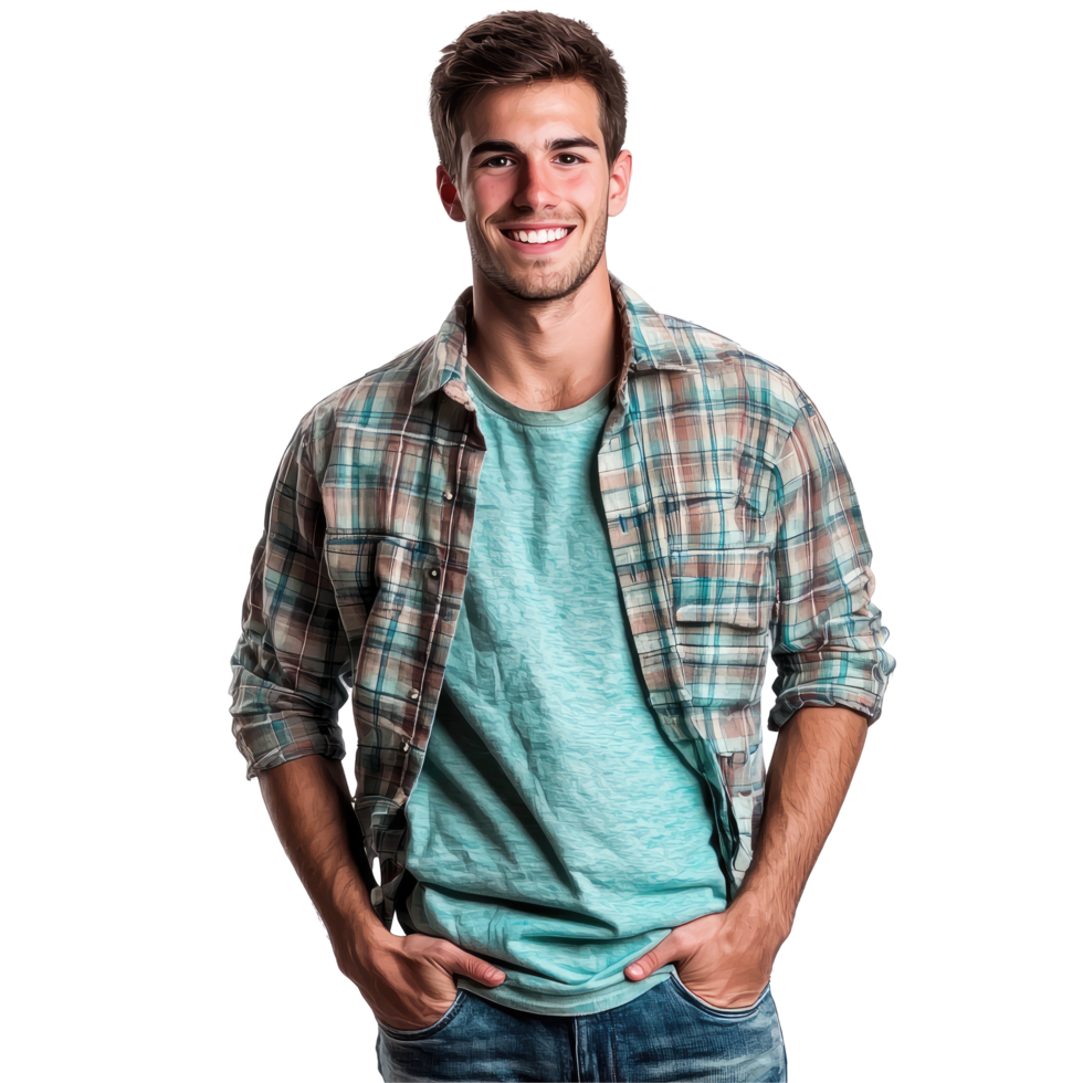 Casual Man in Green Plaid Shirt Smiling, isolated on transparent background png