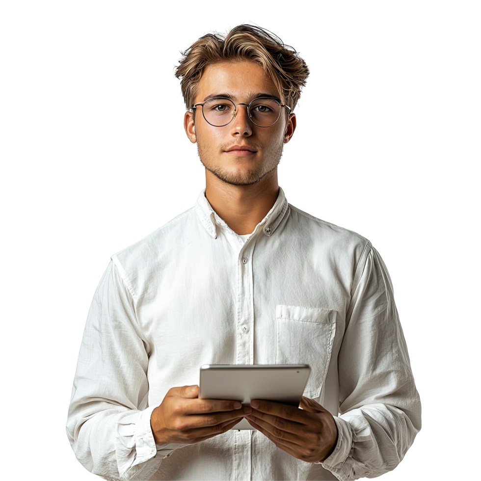Young man in white shirt holding a tablet, isolated on transparent background png