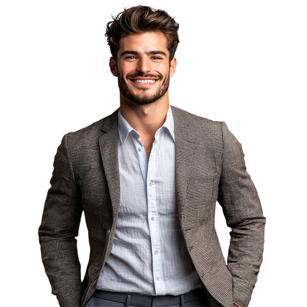 Stylish Man in Checkered Suit Smiling, isolated on transparent background png