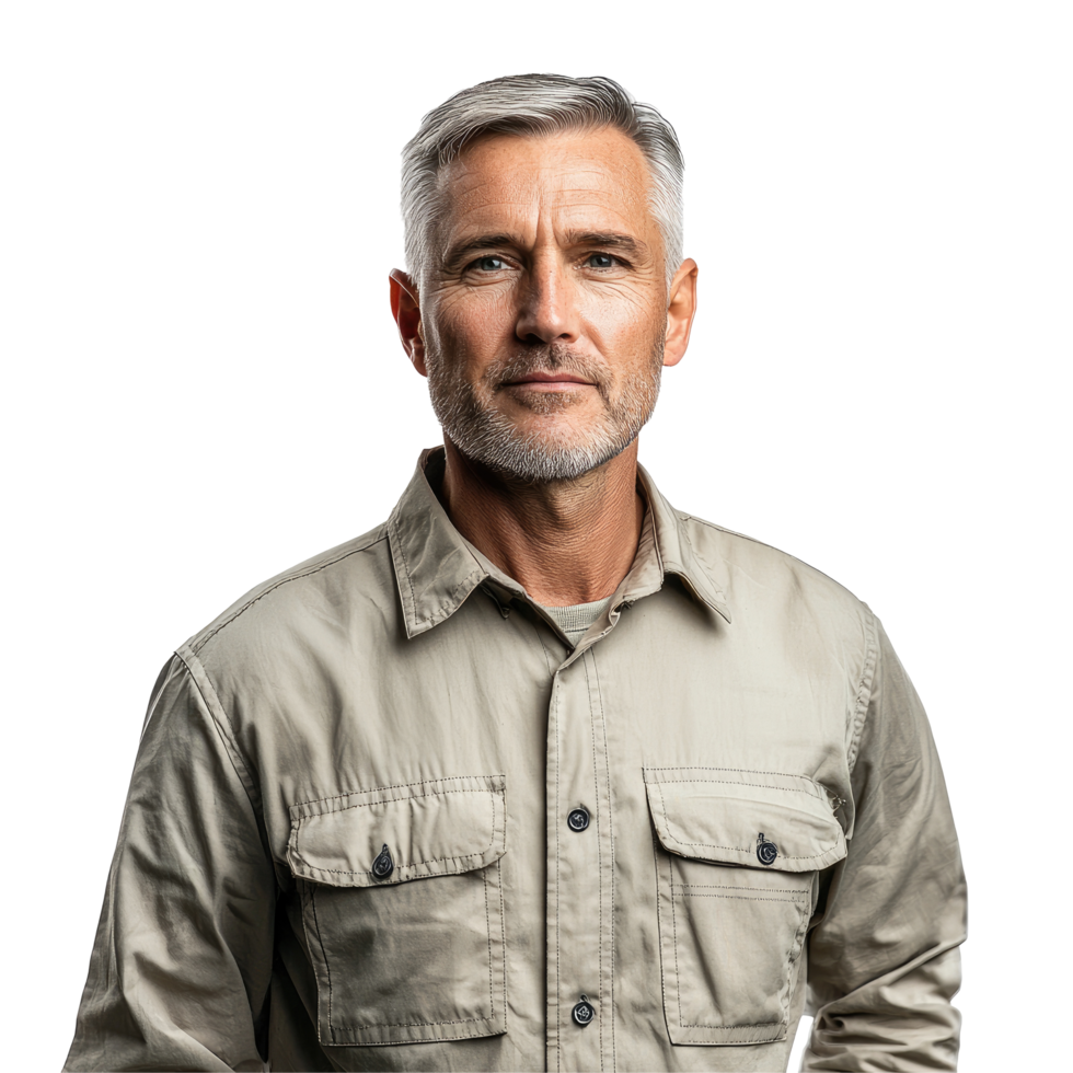 Mature man in beige shirt with a confident expression, isolated on transparent background png