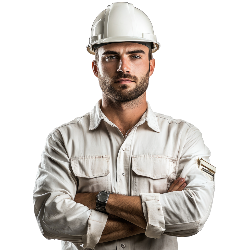 Serious Engineer in White Uniform and Helmet, isolated on transparent background png