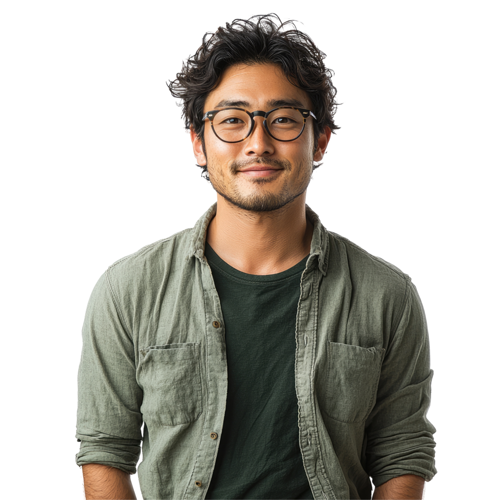Friendly Man in Green Jacket and Glasses, isolated on transparent background png