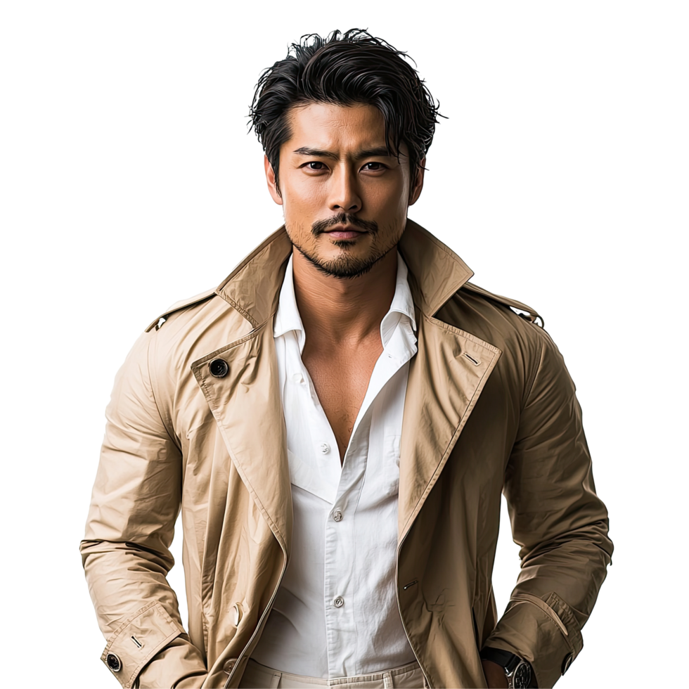 Stylish Man in Open Beige Coat, isolated on transparent background png