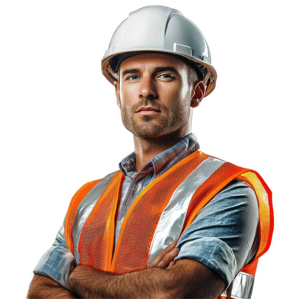 Engineer in white helmet and orange safety vest, isolated on transparent background png