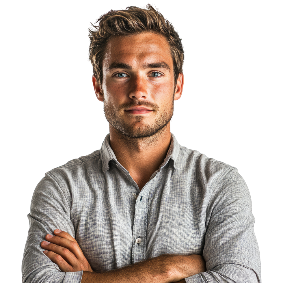 Confident Man with Arms Crossed in Light Gray Shirt, isolated on transparent background png