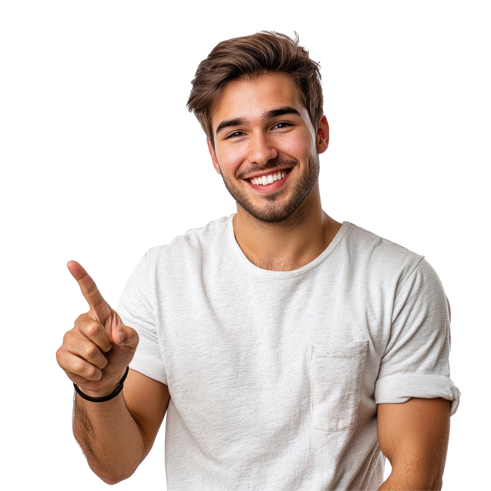 Friendly Young Man in White T-Shirt Pointing to Side, isolated on transparent background png