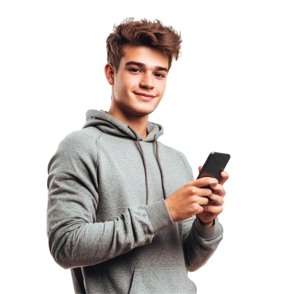Young Man in Hoodie Using Smartphone, isolated on transparent background png