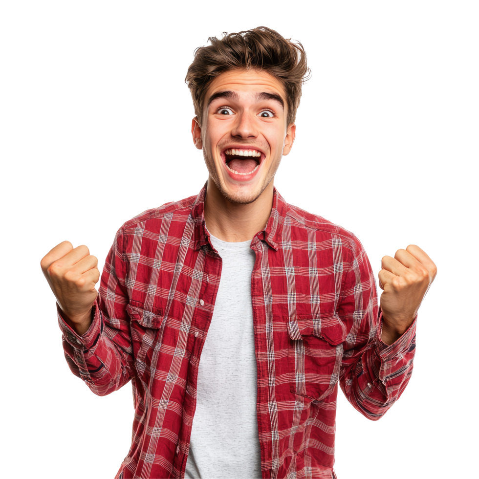 Cheerful Young Man in Red Plaid Shirt Celebrating, isolated on transparent background png