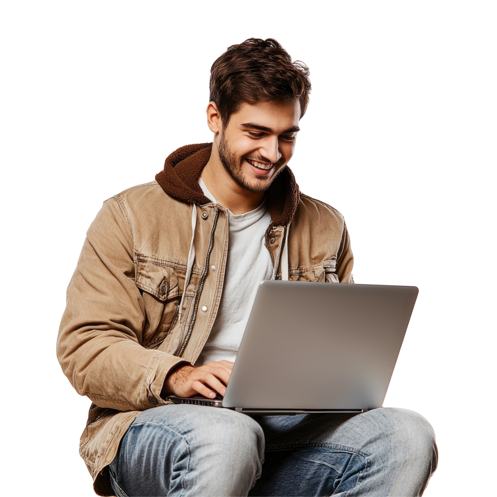 Happy Man in Jacket Sitting with Laptop, isolated on transparent background png