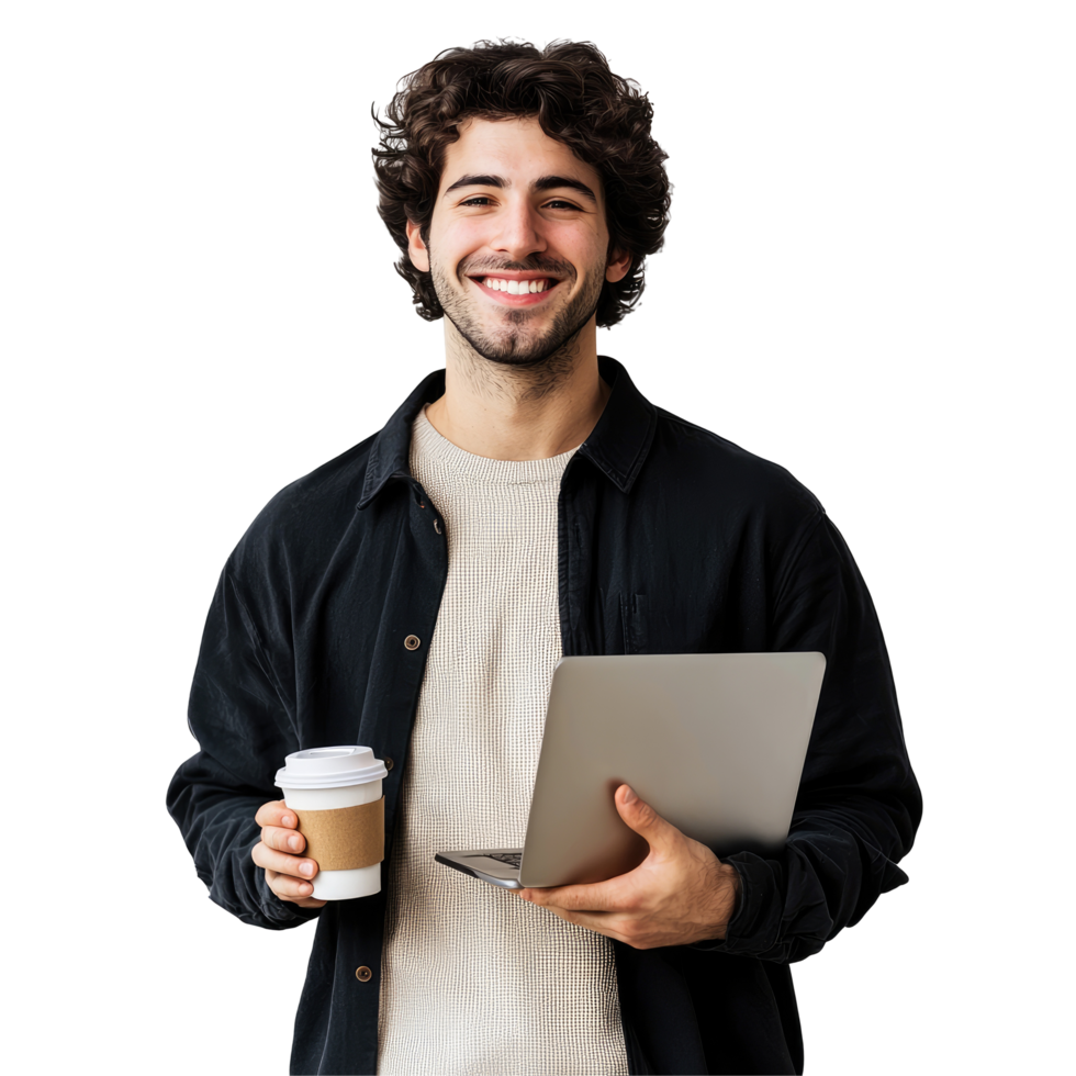 Cheerful Man with Curly Hair Holding Laptop and Coffee, isolated on transparent background png