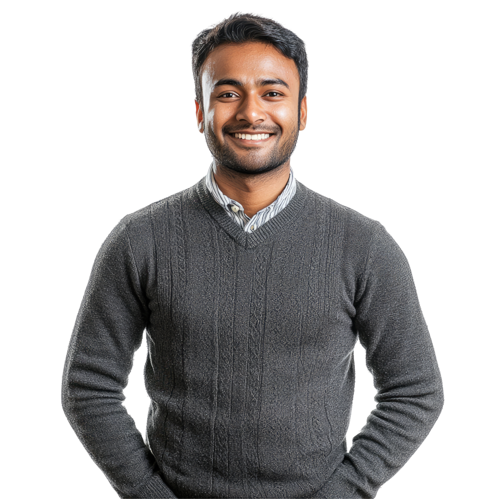 Smiling Man in Dark Gray Sweater with Hands in Pockets, isolated on transparent background png