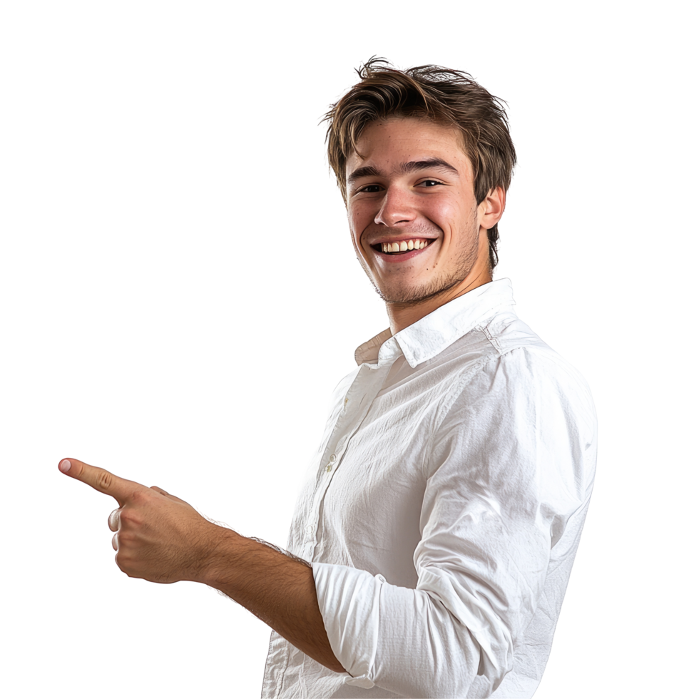 Happy Young Man in White Shirt Smiling and Pointing, isolated on transparent background png