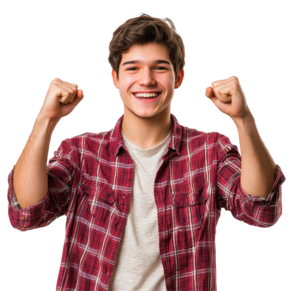 Excited Young Man in Red Jacket Celebrating with Fists Up, isolated on transparent background png